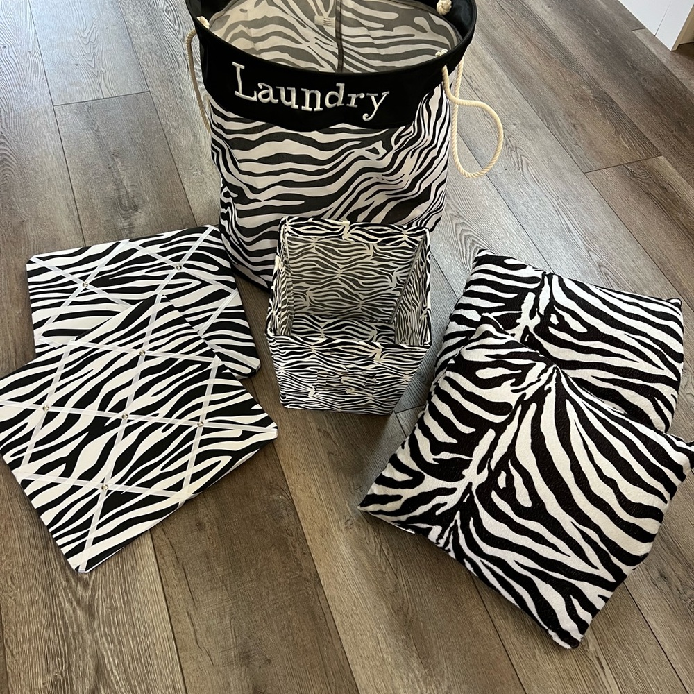 Zebra Print Laundry Basket, Accent Pillows, Storage Bin and 2 Accent Pillows